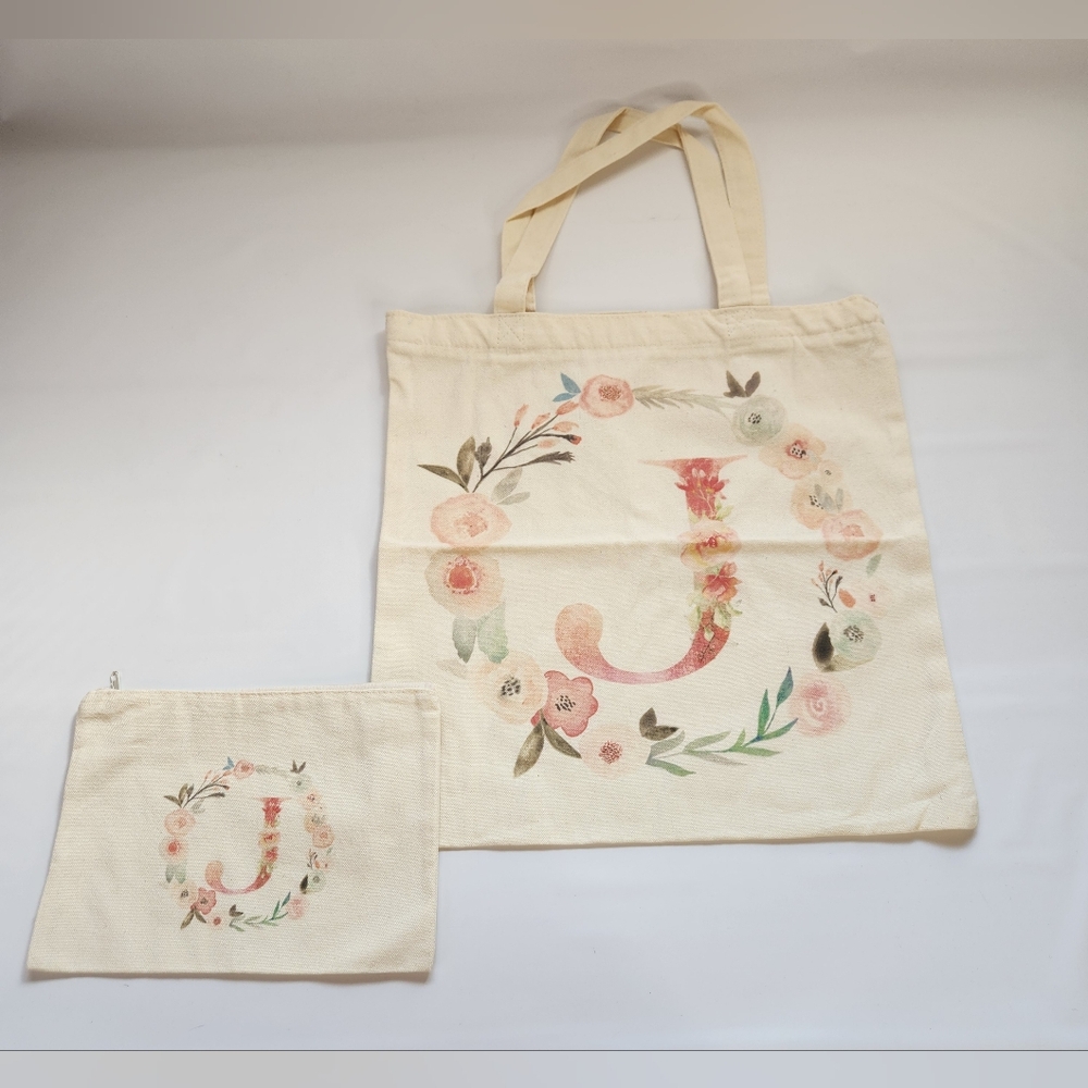 Floral Canvas Tote Bag Set - Cream